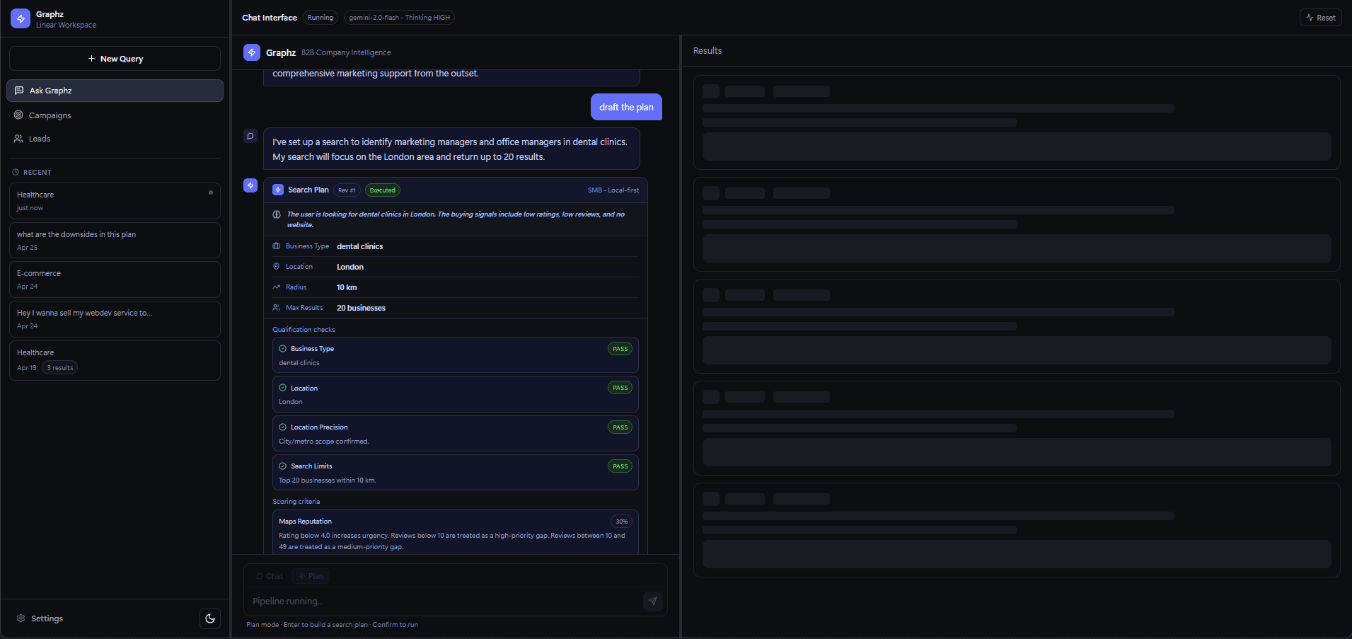 Graphz search plan with qualification checks and scoring criteria